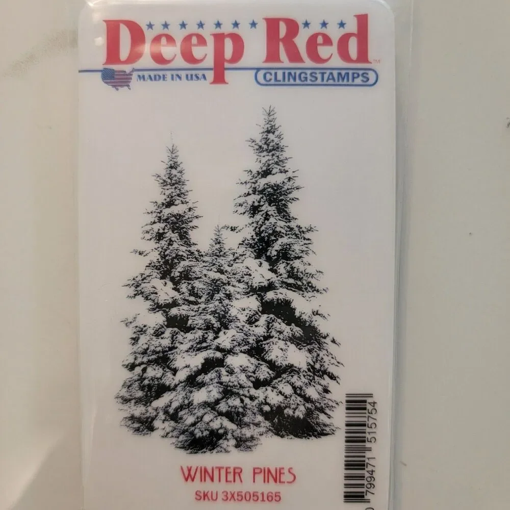 Deep Red WINTER PINES Rubber Cling Stamp SKU 3X505165 Snowy Christmas Trees NEW